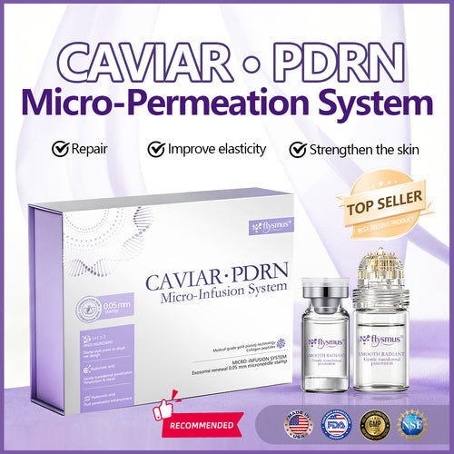 flysmus® Micro-Infusion System — Caviar · PDRN · Exosome Renewal 0.05 mm stamp with Hyaluronic Acid & Collagen Peptides for firmer, smoother, brighter skin in 5 minutes at home